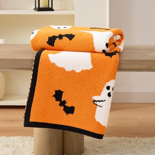 Amélie Home Reversible Halloween Throw Blanket for Couch, Spooky Halloween Ghost Cute Terror Scence, Chenille Knit Soft Cozy for Sofa Home Decor Gifts, 50" x 60", Orange Ghost - image 5