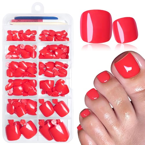 LuckForever 168pc Press on Toenails Women Fake Toe Nails with Glue Tabs, Orange Red Fake Toenails...