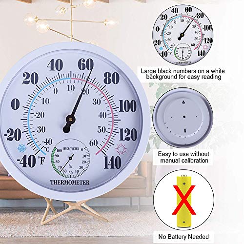 Indoor Outdoor Thermometer Hygrometer, Lirches Outdoor Thermometer Large Numbers, Decorative Outdoor Thermometers For Patio, No Battery Needed Wall Thermometer Round 10" In Diameter #TOP2