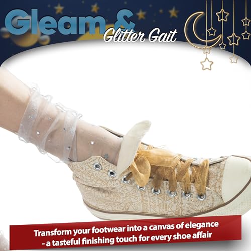 Image of Mist Grey Elegance: Women Sheer Slouch Tulle Socks | Shiny Glitter Novelty Decorated Loose Socks with Stars & Moon - Ankle High 1 Pair (US sizes 5-8)