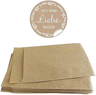 Blütensamen Tüten Set 24 Sticker"Lasst unsere Liebe wachsen" + 24 braune Flachbeutel - 63 x 93 mm Für Blüten Samen, Gastge...