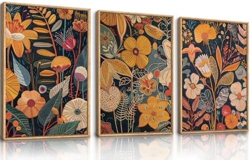 FWIEXA Boho Orange Floral Framed Wall Art Set of 3, Modern Botani...