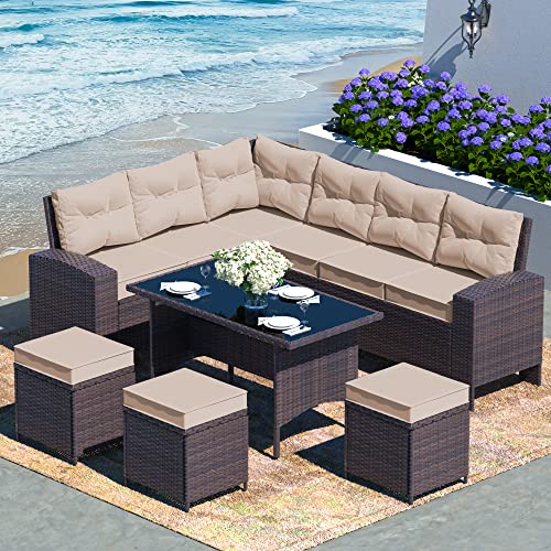 Rtdtd Outdoor Patio Furniture Set,7 Pieces Outdoor Sectional Dining Set,All Weather Pe Rattan Patio Dining Furniture Set,High-Back Outdoor Furniture With High Table&Ottoman(Brown) #TOP2
