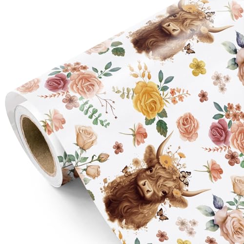 WRAPAHOLIC Highland Cow Wrapping Paper Roll - Mini Roll - 17 Inch x 16.5 Feet - Highland Cow and Floral Wrapping Paper for Birthday Baby Shower Wedding