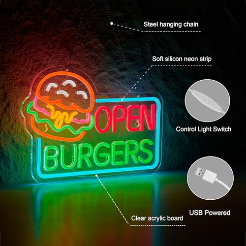 Image of Burgers Open Neon Sign for Wall Decor Dimmable Business Hamburger Food Shop LED Neon Light USB Powered Neon Art Signs Decor
