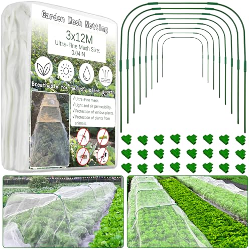 Garden Mesh Netting Kit 3x12M Plant Cover Ultra Fine Mesh Netting with 8Pcs Garden Hoops & 24 Clips Greenhouse Hoops Kits Frost Cover Kits Raised Bed Animal Barrier Net for Protection Vegetables