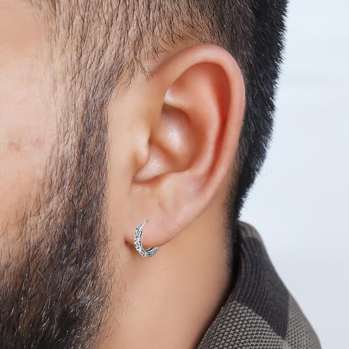 Image of VAMA FASHIONS Oxidised Silver Hoop Earrings in Tribal Bali Design Lightweight Ethnic Look Ear Accessories for Men