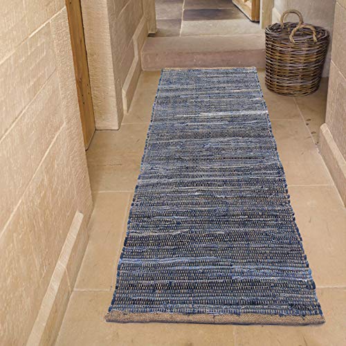Chardin Home Farmhouse Rag Rug Runner 2X5 Feet Denim Blue | Cotton & Jute Hand Woven Chindi Rug, Long Boho Rug | Perfect For Hallways, Kitchens, Bathroom, Bedrooms | Shades Of Blue #TOP1