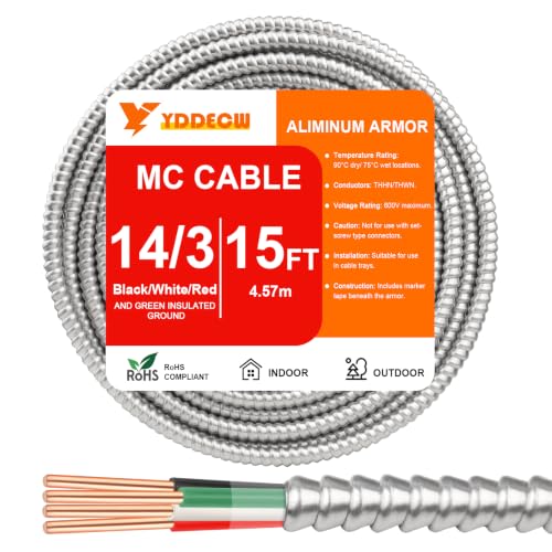 Image of 15FT 14 /3 Metal Clad (MC) Cable with Ground, 14 Gauge Electric Wire with Aluminum Armor, Solid Bare Copper Conductors for Indoor Outdoor Underground Embedded Installation (14 /3, 15 ft)