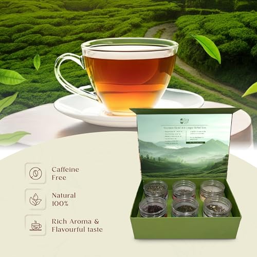 Image of Premium Loose Leaf Herbal Tea Gift Combo Set, Pack of 6 Flavors, 100g Each | Refreshing Aroma, Caffeine Free, Pure Mint, Butterfly Pea, Hibiscus, Orange Ginger, Chamomile Rose & Strawberry Hibiscus Teas