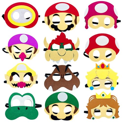 12 PCS Game Themed Felt Masks Role Play Bros Party Favors Game Themed Party Supplies Dress Up Masks Birthday Cosplay Mask Cartoon Character Cosplay Photo Booth Prop Birthday Gift
