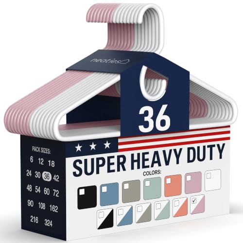 Neaties Super Heavy Duty Clothes Hangers 36 Pack – Made in the USA - 10lb Capacity, Thick Plastic Hangers for Pants, Coats, Jackets, Jeans and Adult Clothing – White & Pink