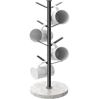 Gypie Marble Cup Holder Tree 8 Hooks Coffee Cup Stand Upgraded Sturdy Seal Cup Rack for Kitchen Counter Cafe Black
