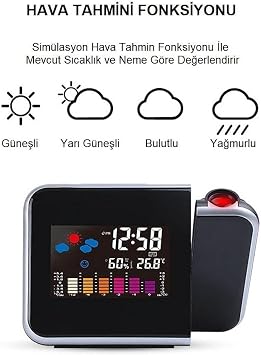 UpWay Projektörlü LCD Ekranlı Dijital Masa Saati Yansıtmalı Tarih Derece Nem