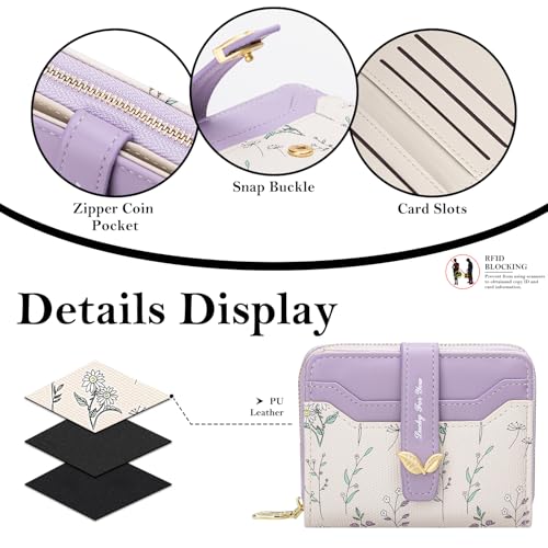 Image of BIAOTIE Wallet for Women Cute Floral Flower Wallet RFID Credit Card Holder Purse Small Bifold Zipper Coin Pocket Purse with ID Windows (Lavender Fl)