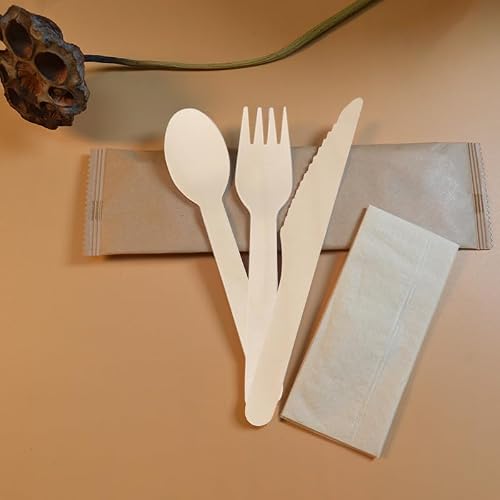 Ensemble de Couverts jetables respectueux de l'environnement,en Bois 100% biodégradable Couverts en Bois 150 pièces (50 Set) Coutellerie jetable idéale pour fêtes,Vaisselle jetable