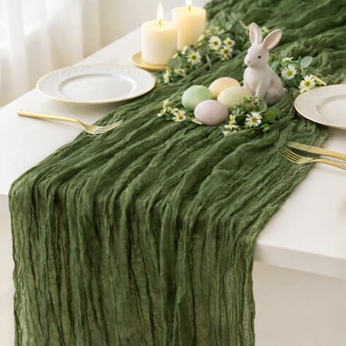 Sioloc Moss Green Cheesecloth Table Runner 120'' x 35'',Spring Easter Decor Soft Gauze Boho Wedding Table Decor for 10ft Table Birthday Party,Baby Shower, Bridal Shower, Home & Event Decor