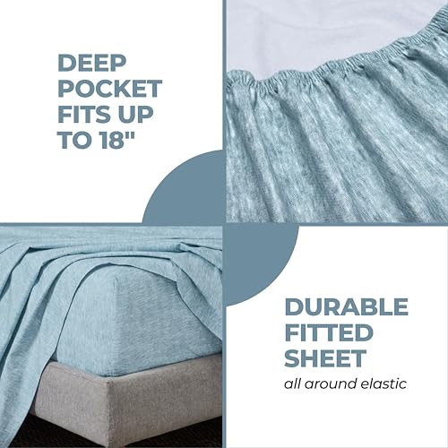 Image of Superior Melange Flannel Cotton Sheet Set, Ultra-Soft Brushed Sheets, Modern, Farmhouse Bedding, Basics, Includes; Flat Sheet, Elastic Deep Pocket Fitted Sheet, Pillowcases, Full, Washed Blue