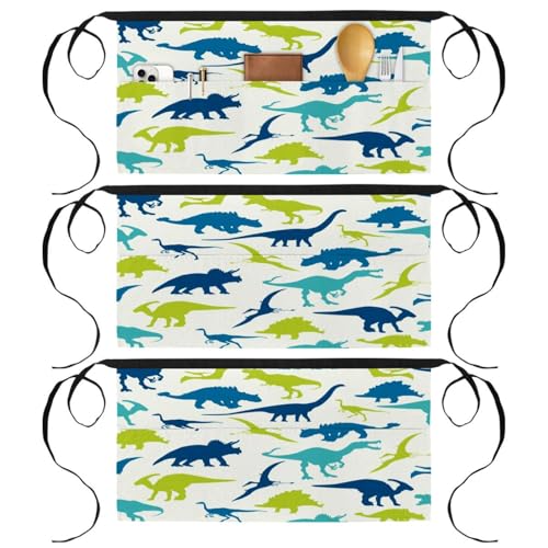 Tabliers courts de chef à 3 poches lot de 3 avec silhouettes de dinosaure multicolores