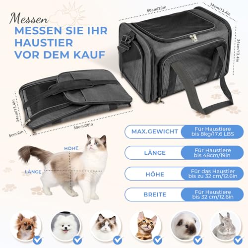 Lohofrnny Transporttasche Katze, Transporttasche für Katze Hund bis zu 8kg, Tragbar Faltbare Haustier Tragetaschen mit Schultergurt für Mittel Kleine Haustiere (Dunkelgrau, 50 x 34 x 34cm)