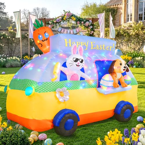 GIFTFIND 7.3FT Long Easter Inflatables Outdoor Decorations - Bunny and Dog Riding Bus, Build-in LED Lights Holiday Blow Up Yard Decoration, for Patio Garden Lawn Party Celebration Decor