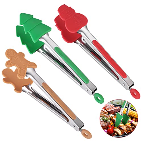 OIULO 3-Piece Christmas Silicone Mini Tongs Set, 7-Inch Small Style Tongs for Cooking, Kids' Festival Set (Christmas Tree, Snowman, Gingerbread Man) by OIULO - Used condition - US$6.21
