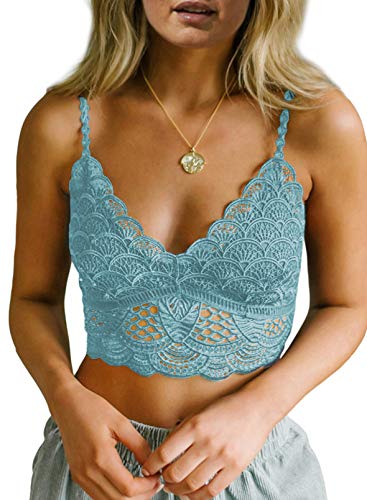 Astylish Womens Sexy Eyelash Lace Bralette Bandeau Bra with Adjustable Straps Wireless Bralette Cami Bra Vest Sky Blue Small