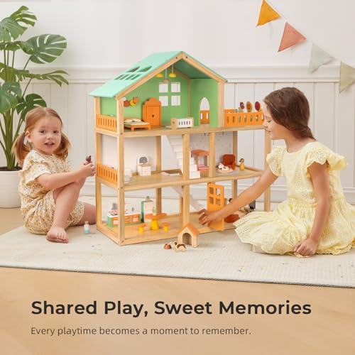 OOOK Casa de muñecas grande de madera con 42 accesorios de muebles de lujo, casa de muñecas de 3 pisos, 6 habitaciones, balcón, escaleras de madera, ideal casa de muñecas moderna para niños pequeños - imagen 5