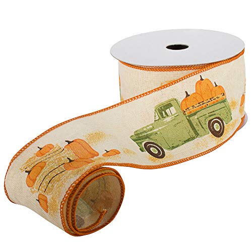 Image of Pumpkin Pickup Truck Wired Ribbon - 2 1 /2 inch x 10 Yards, Autumn Gift Basket, Fall Wreath, Swag, Thanksgiving, Halloween, Bows, Centerpiece, Fundraiser, School Classroom, Decoration