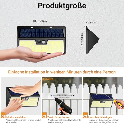 vighep Solarlampen für Außen mit Bewegungsmelder, 318 LED Superhelle Solarleuchten, Aussenleuchte mit 3 Modi, IP65 Wasserdichte Aussenlampe für Garten, Garage, Haustür, Treppe, Kaltweiß, 1 Stück