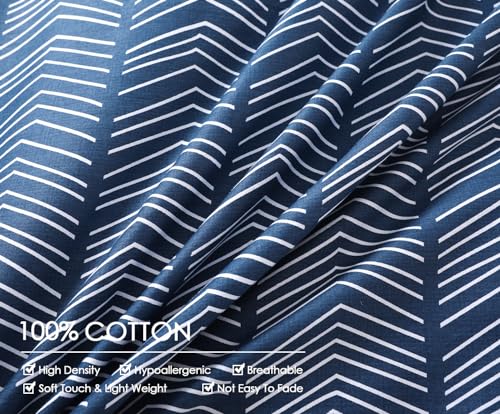 Image of SLEEPBELLA Navy and White Duvet Cover Set, 100% Cotton Bedding, Chevron Geometric Pattern, with Button Closure (3pcs, King Size)