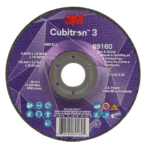 Image of 3M Cubitron 3 Cut and Grind Wheel, 89160, 36+, T27, 5 in x 1 /8 in x 7 /8 in, Pack of 10, ANSI, Longer Life, Faster Cut, Back-Gouging, Fillet Weld Removal, Cutting, Grinding