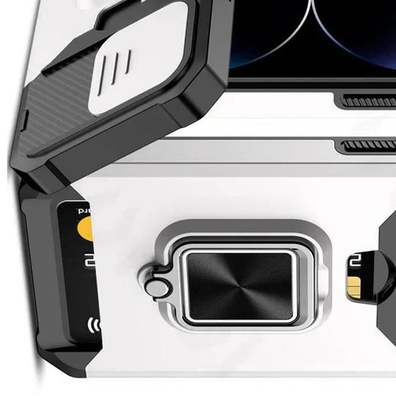 Image of LuxuryKase Shockproof Armor Case for iPhone 15 Pro Max | Slide Camera Cover | Hidden Card Slot | Rotating Ring Kickstand | Magnetic Car Mount Support | Military Grade Protection - White