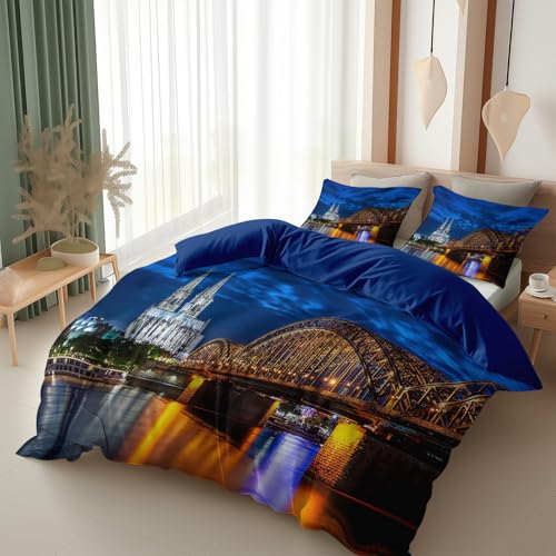 Srigzcaly Bettbezüge 135x200cm 3teilig Set mit 2 Kissenbezüge 80x80 cm, Blick Auf Den KöLner Dom Bettbezug aus Mikrofaser mit Reißverschluss Weich Kuschelige Bettwäsche-Sets, Pflegeleicht Bettbezug