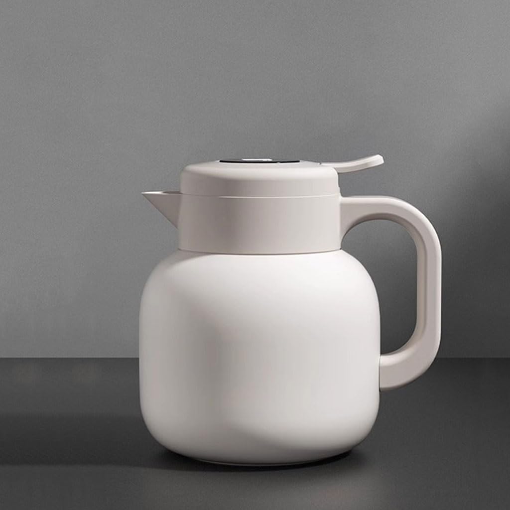 LEIYTFE Olla Térmica Hervidor De Recuperación Tetera Térmica De Doble Pared Cafetera Aislada con Tapa De Botón A Presión Jarra Térmica De Acero Inoxidable para Líquidos Calientes(Bianco,1L)