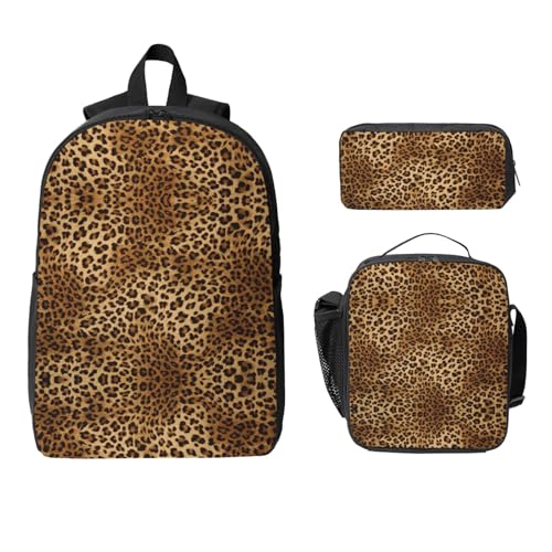 Cute Leopard print Shoulder Bookbags Lunch Bag and Pen Case 17 inches Backpack with Lunch Box, Cute Bookbag Set2