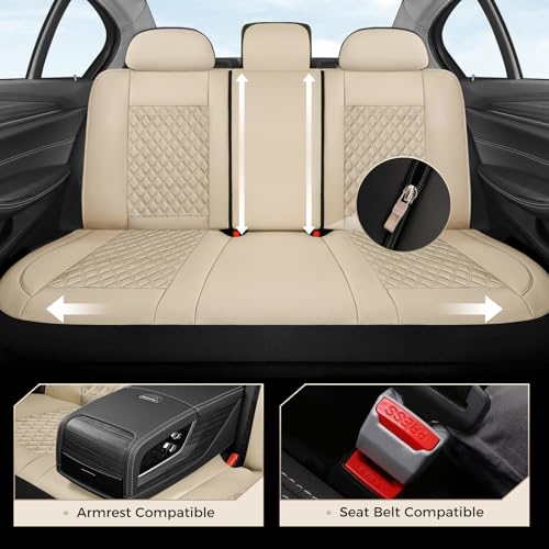Image of Coverado Car Seat Covers Full Set, Beige Car Seat Covers, Luxury Leather Car Seat Cover with Carbon Fiber Textured Design, Spill-Proof Seat Cushions, Automotive Seat Cover Universal Fit Most Cars