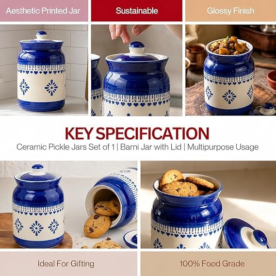 Image of Niyara Multipurpose Storage Ceramic Pickle set Jars with Lid & tray (Set of 4, 300 ml) (blue floral jar set of 2)