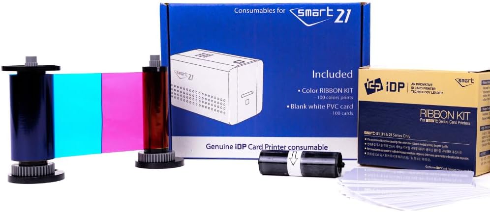 IDP Genuine SMART-21 YMCKO Consumables Kit with 1ea Color 100-Print Ink Ribbon, 100 Primus PVC Cards, and Cleaning Roller (not Compatible with IDP Solid Brand Products)