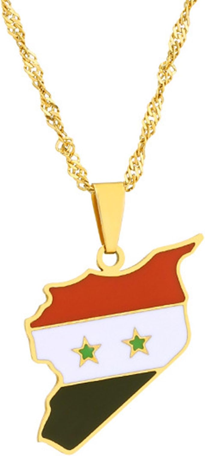 Fashion Stainless Steel Syrian Arab Republic Map Pendant Syria Flag Necklace(Gold), HREF034-Gold