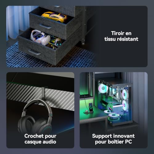 Coleshome Bureau Gaming avec Étagère et Tiroirs, 137x48cm, Carbone Noir – vue 6
