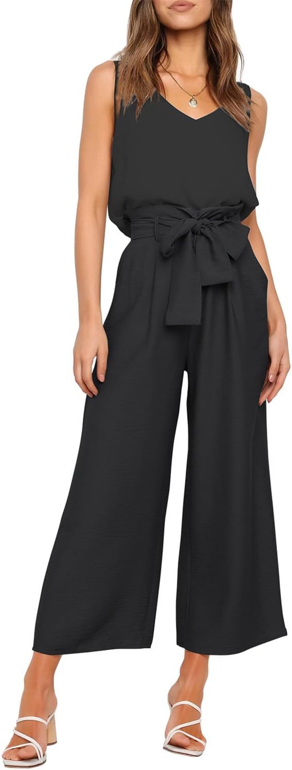 FANCYINN Womens 2 Piece Set V Neck Tank Wide Strap Tops High Waisted Cropped Paper Bag Pants with Belt