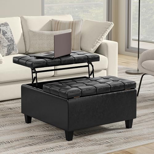 SIMPLIHOME Harrison Small Coffee Table Storage Ottoman - 30 inch Wide Upholstered Vegan Leather Square Lift-Top Ottoman in Distressed Black, Transitional Ottoman for Living Room with Hidden Storage by SIMPLIHOME - Image 2