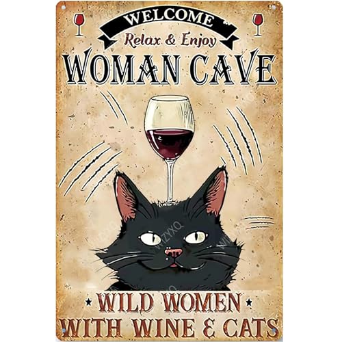 WIZYXQ Metal Welcome Sign - Relax & Enjoy Woman Cave Funny Black Cat Vintage Tin Aluminum Cat Lovers Retro Wall Decor for Home Bar Shop Cafe Pubs Club - 8x12 Inches