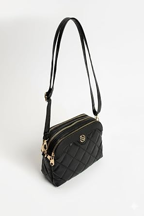 Womens Adjustable Cross Strap 4 Compartment Black Mat Shoulder and Cross Bag S-1267