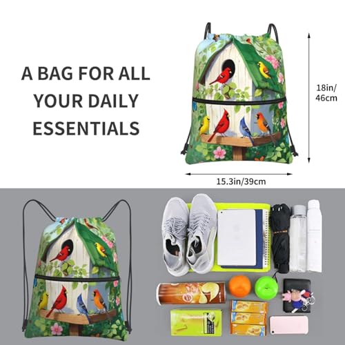 Artistic Birdhouse With Birds On Green Gym Drawstring Bags Water-Resistant String Bag Beach Backpack For Team Work4