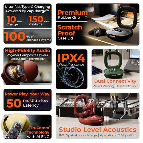 Image of Apex S1 True Wireless Earbuds, 100H Playtime, ZapCharge, Quad MEMS Mic, Power Play Low Latency, IPX4, 360 Spatial Soundstage,Bluetooth v5.3, BassXpand, Dual Pairing (Midnight Black)