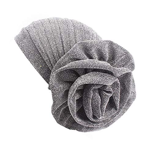 Luxury Stretchable Glitter Flower Chemo Beanie Hair Loss Turban, Silver, One Size
