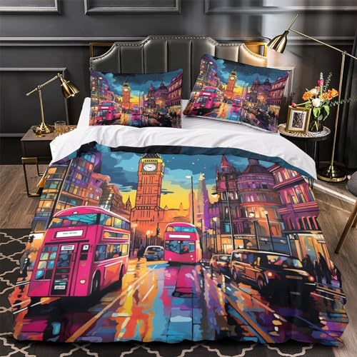 Housse de couette 3D Londres 200x200 parure lit double microfibre