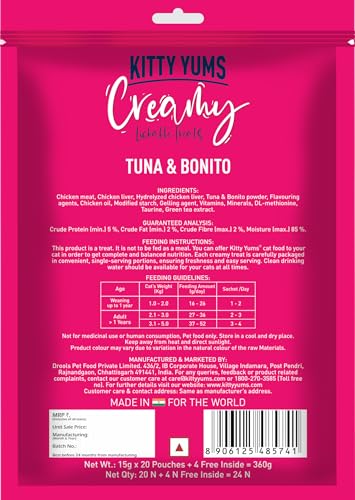 Image of Kitty Yums Kitten & Adult Creamy Lickable Cat Treats Tuna & Bonito 360g (15g x 24 Pieces) | Rich in Protein | Taurine for Heart & Vision | Ideal for Training and Bonding | Promotes Hydration